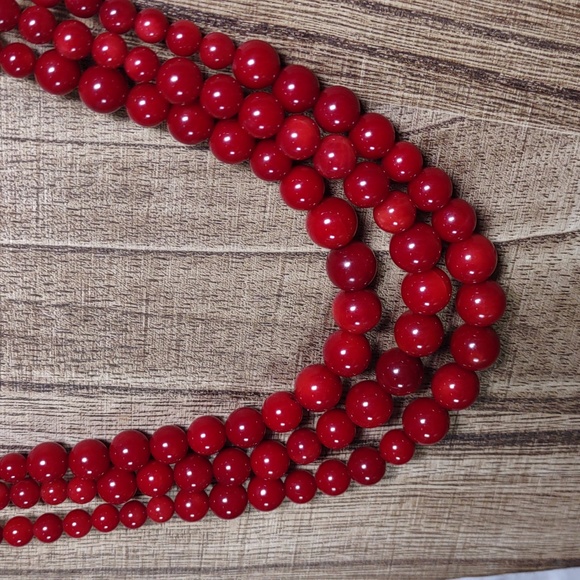 Red Bamboo Coral Triple Strand Bead Necklace and Matching Bracelet - Picture 2 of 9